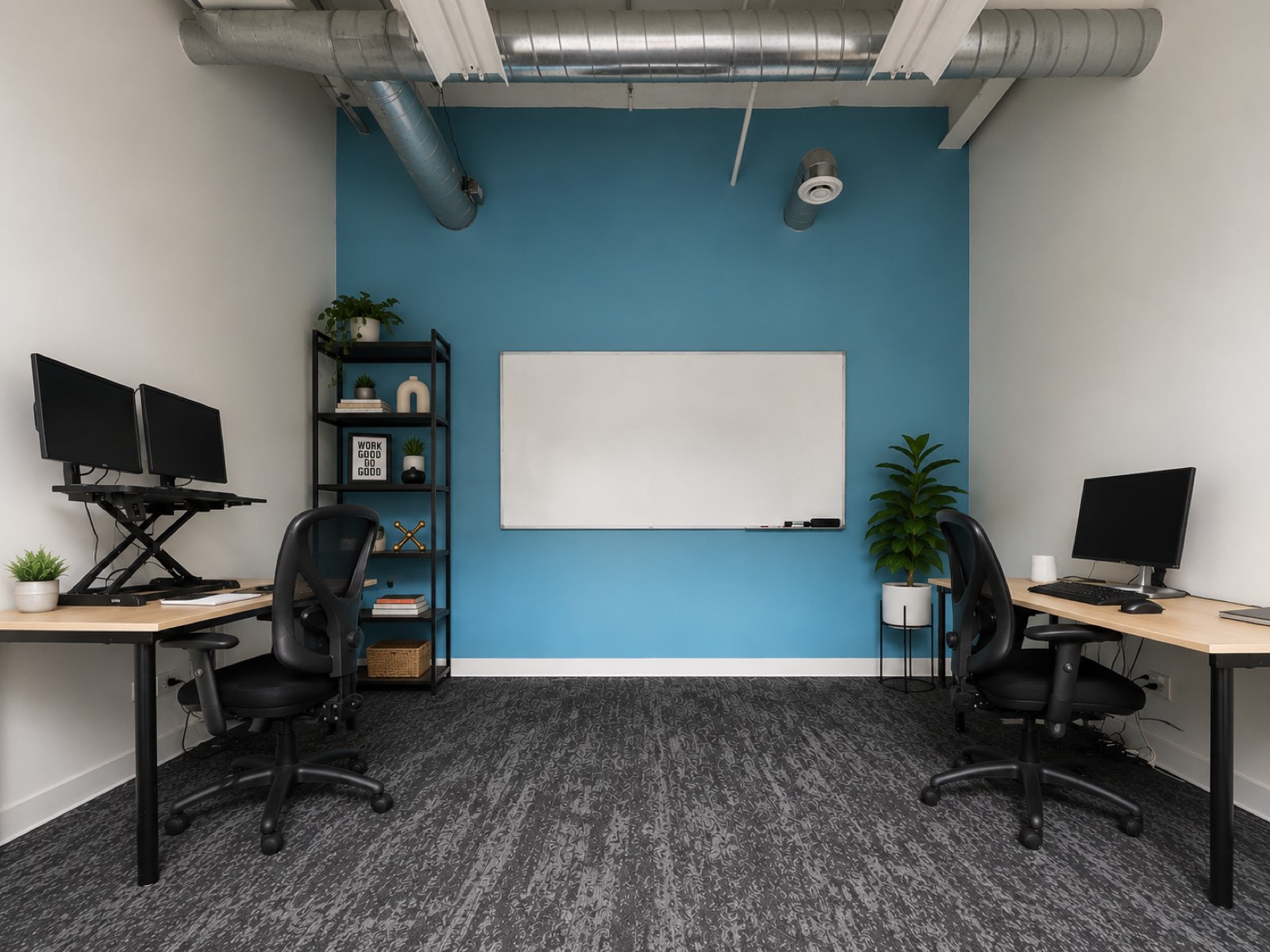 Office 1 — private office with dual desks and whiteboard wall at Platform Coworking